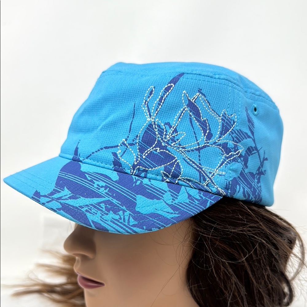 Columbia Blue Floral Embroidered Cadet Hat Military Style Cap S/M Y2K Hiking